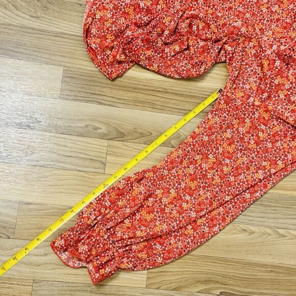 Max Studio Womens Plus Sz 1X Ruffle Neck Top Red White Floral Long Sleeve BOHO - Picture 13 of 15